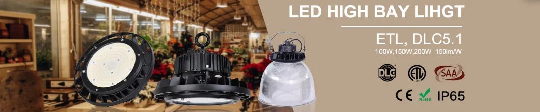 IP65 ETL Dlc5.1 100W 150watt 200W Factory Price Industrial Warehouse Waterproof Reflector Emergency Available Dali 0-10V Dimmable UFO LED Highbay Light